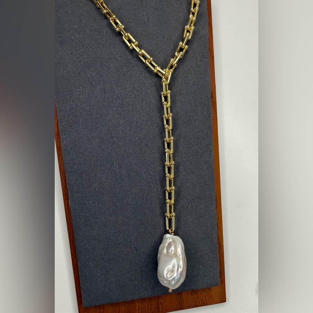 Vanessa Mooney Gold Bar Link Chain Baroque Pearl Lariat Necklace Statement - Picture 6 of 8